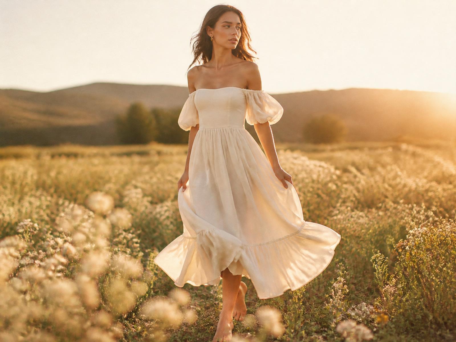 Model in an ivory off-shoulder dress in a golden meadow